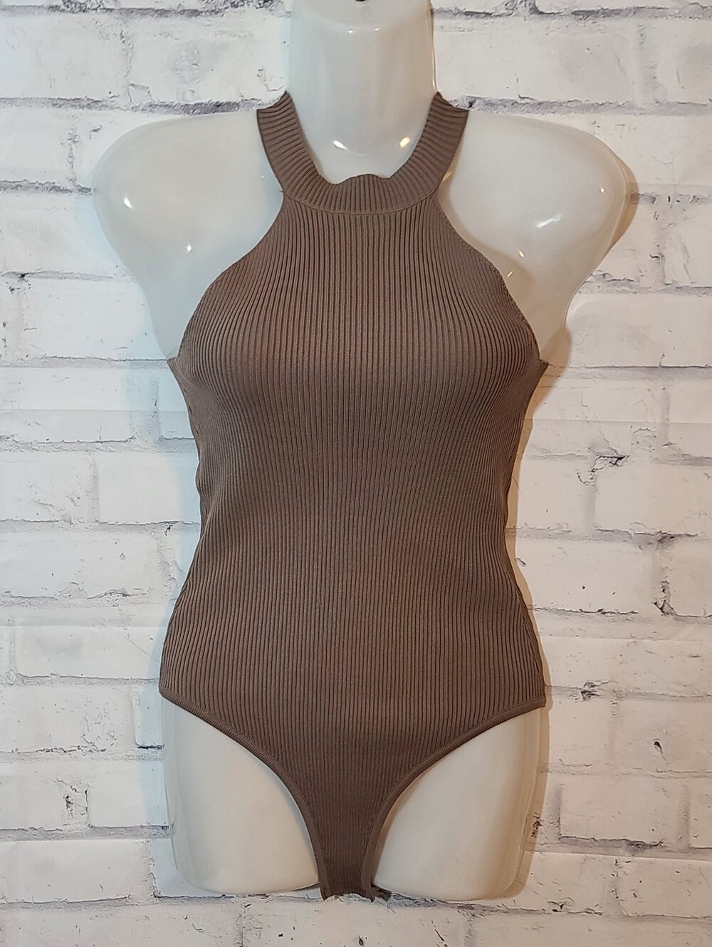Happily Grey Brown Ribbed Halter High Neck Sleeveless Stretch Bodysuit S